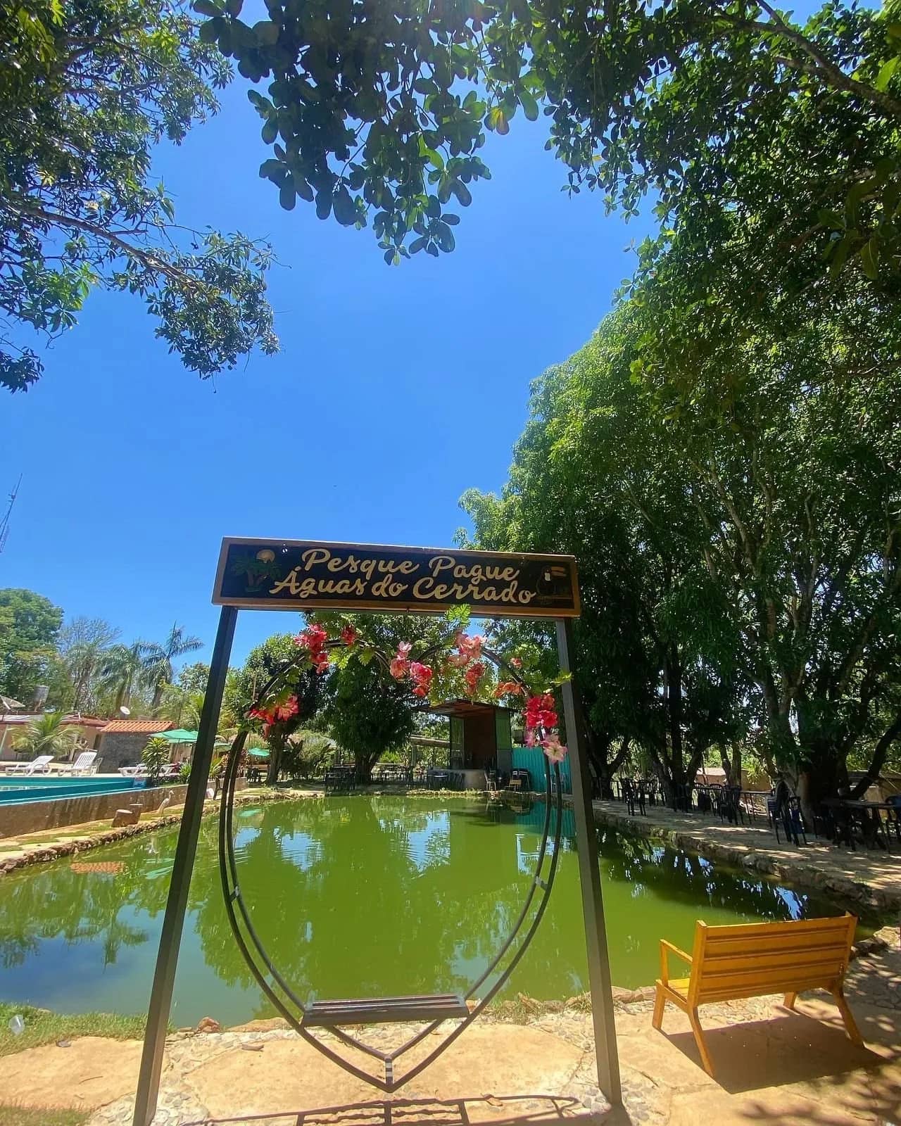 Balanço decorado com flores sob a placa do pesque-pague, à beira da lagoa